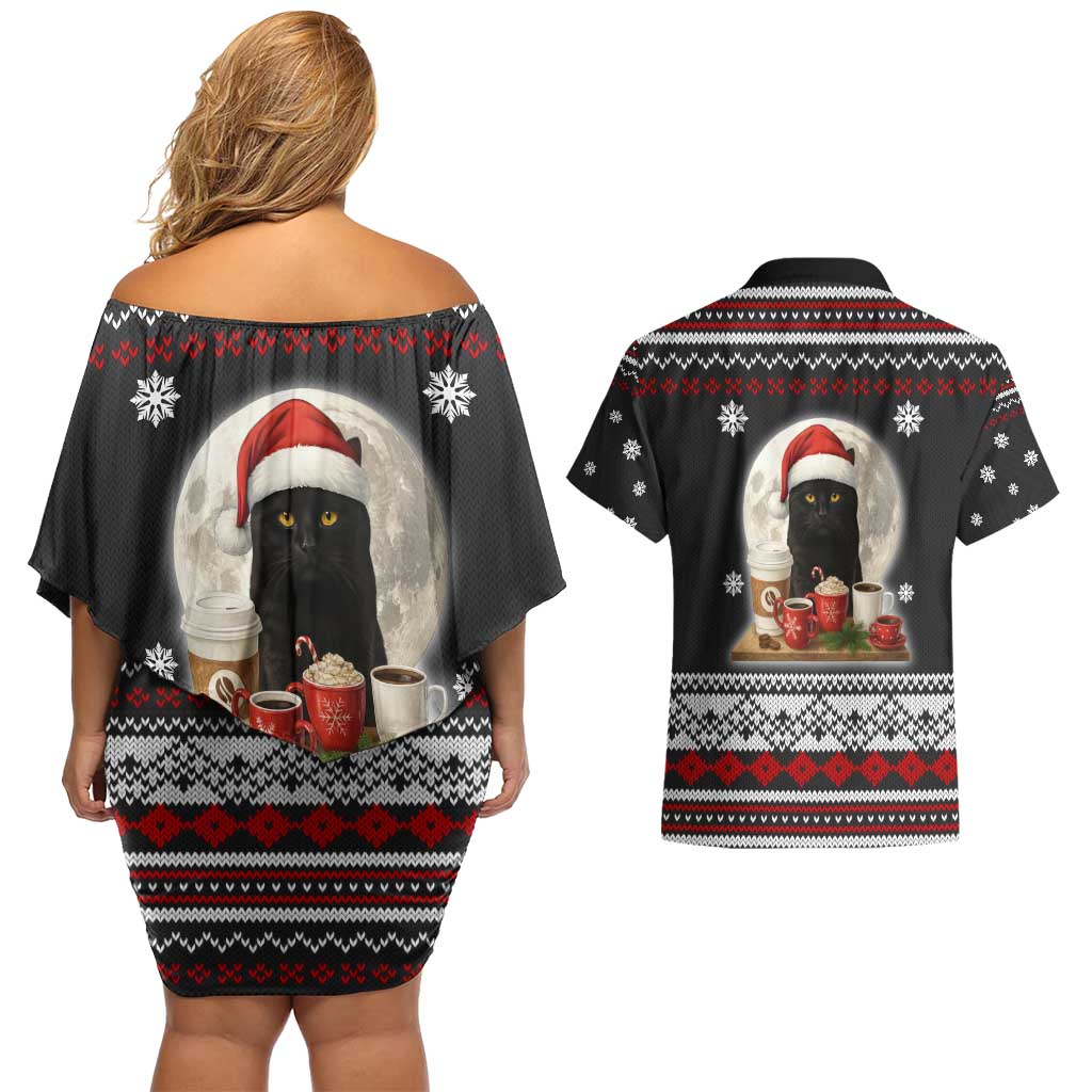 Black Cat Run On Coffee Couples Matching Off Shoulder Short Dress and Hawaiian Shirt Xmas Holiday Patterns - Wonder Print Shop