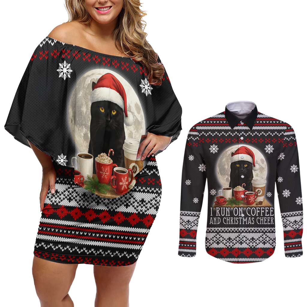 Black Cat Run On Coffee Couples Matching Off Shoulder Short Dress and Long Sleeve Button Shirt Xmas Holiday Patterns - Wonder Print Shop