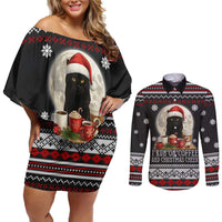 Black Cat Run On Coffee Couples Matching Off Shoulder Short Dress and Long Sleeve Button Shirt Xmas Holiday Patterns - Wonder Print Shop