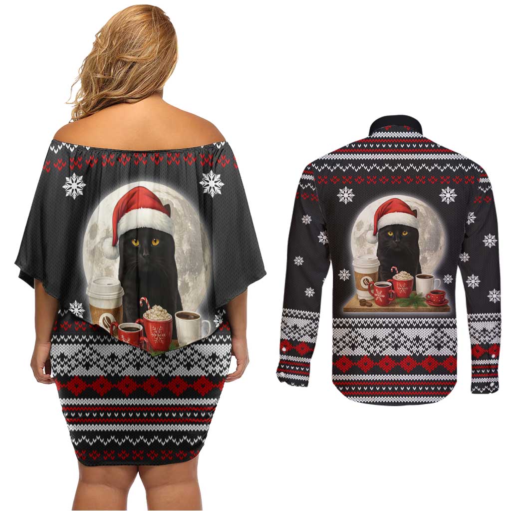 Black Cat Run On Coffee Couples Matching Off Shoulder Short Dress and Long Sleeve Button Shirt Xmas Holiday Patterns - Wonder Print Shop