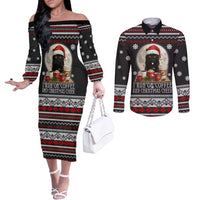 Black Cat Run On Coffee Couples Matching Off The Shoulder Long Sleeve Dress and Long Sleeve Button Shirt Xmas Holiday Patterns - Wonder Print Shop