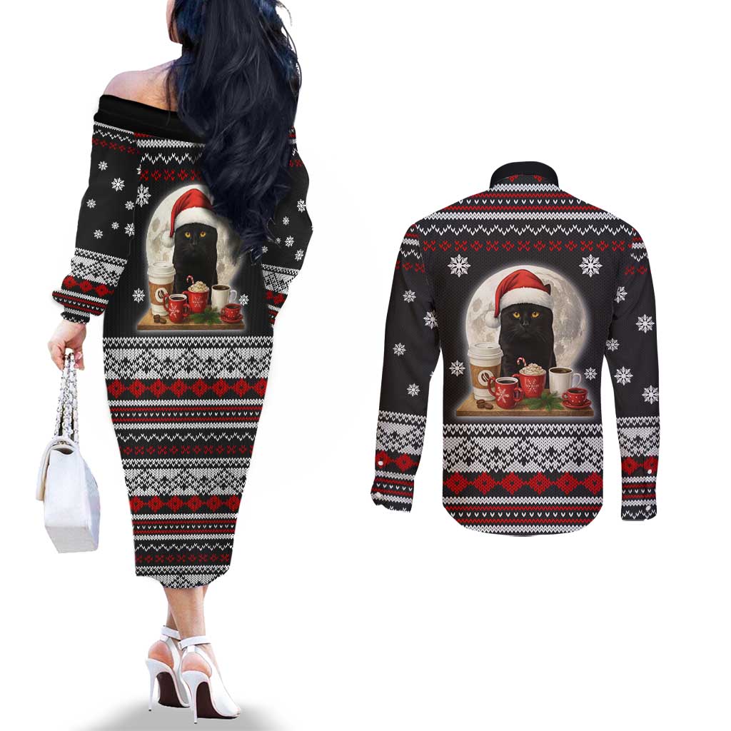 Black Cat Run On Coffee Couples Matching Off The Shoulder Long Sleeve Dress and Long Sleeve Button Shirt Xmas Holiday Patterns - Wonder Print Shop
