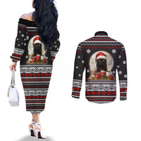 Black Cat Run On Coffee Couples Matching Off The Shoulder Long Sleeve Dress and Long Sleeve Button Shirt Xmas Holiday Patterns - Wonder Print Shop