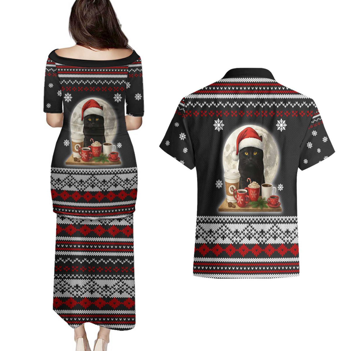 Black Cat Run On Coffee Couples Matching Puletasi and Hawaiian Shirt Xmas Holiday Patterns - Wonder Print Shop