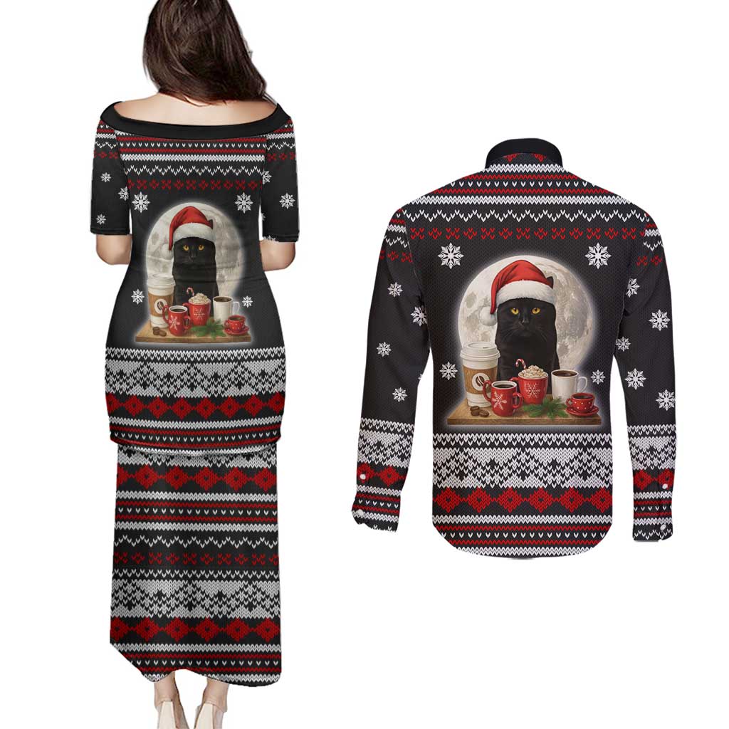 Black Cat Run On Coffee Couples Matching Puletasi and Long Sleeve Button Shirt Xmas Holiday Patterns - Wonder Print Shop