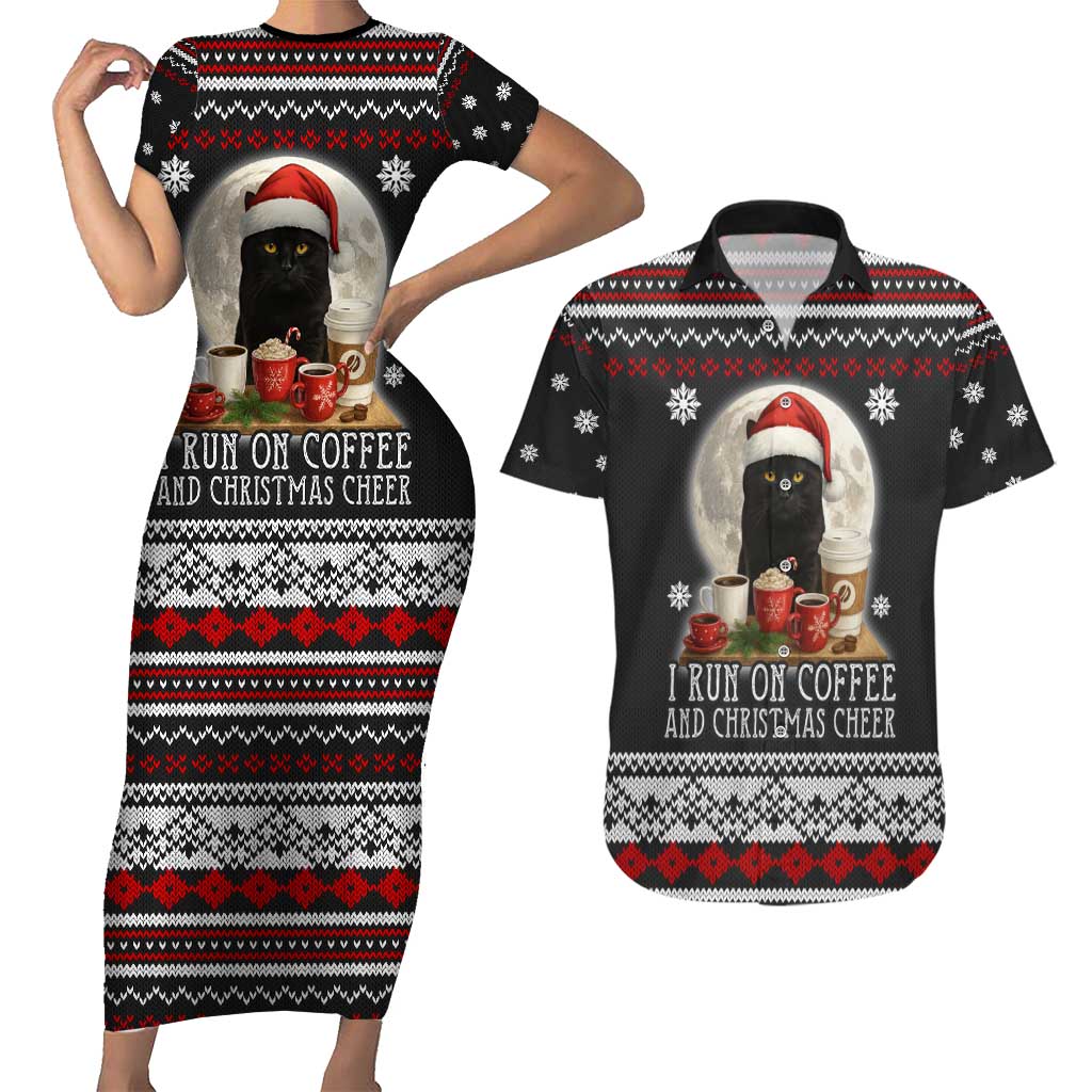 Black Cat Run On Coffee Couples Matching Short Sleeve Bodycon Dress and Hawaiian Shirt Xmas Holiday Patterns - Wonder Print Shop