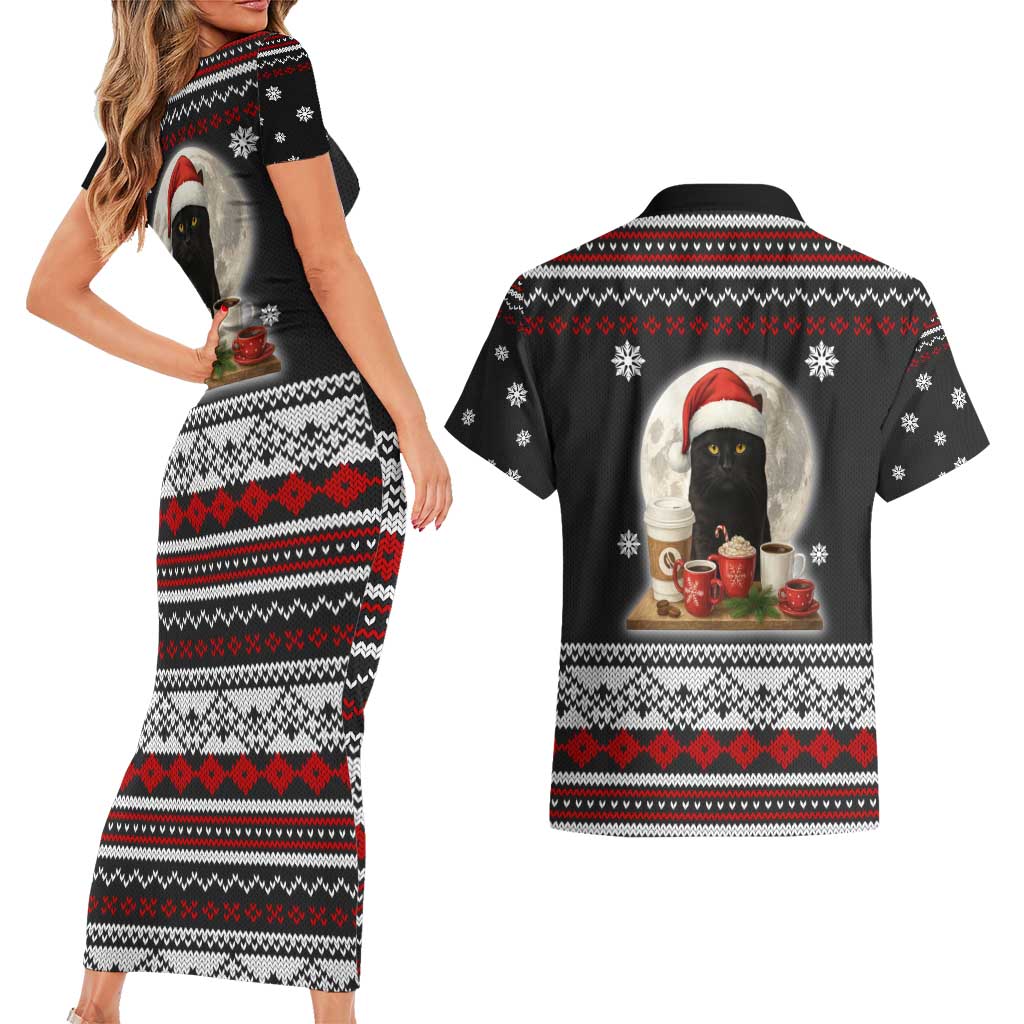 Black Cat Run On Coffee Couples Matching Short Sleeve Bodycon Dress and Hawaiian Shirt Xmas Holiday Patterns - Wonder Print Shop