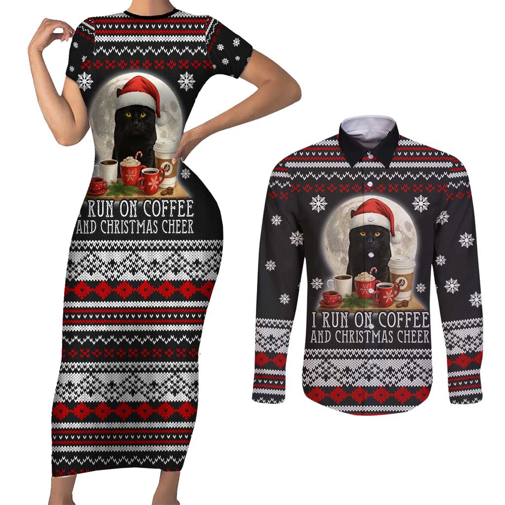 Black Cat Run On Coffee Couples Matching Short Sleeve Bodycon Dress and Long Sleeve Button Shirt Xmas Holiday Patterns - Wonder Print Shop