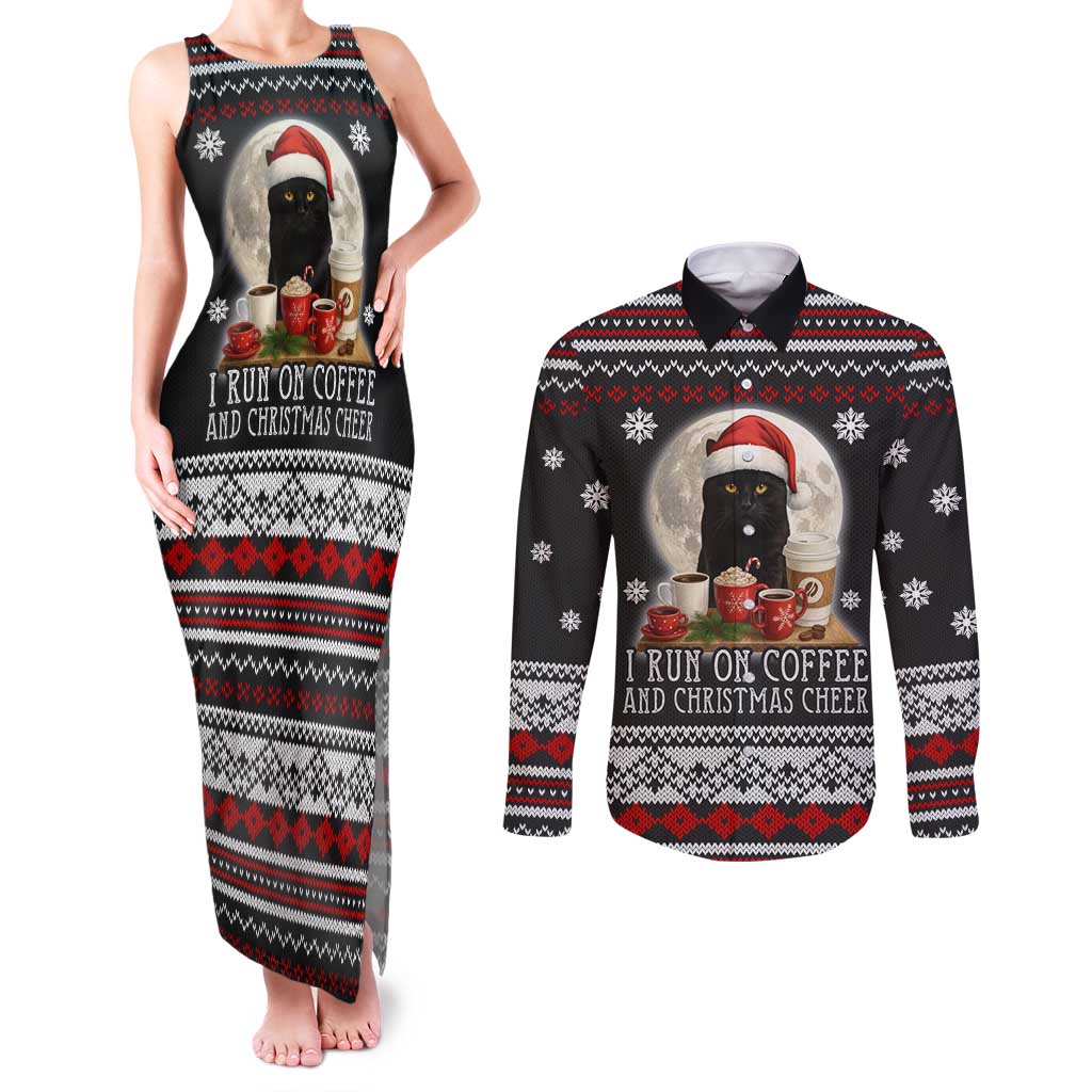 Black Cat Run On Coffee Couples Matching Tank Maxi Dress and Long Sleeve Button Shirt Xmas Holiday Patterns - Wonder Print Shop