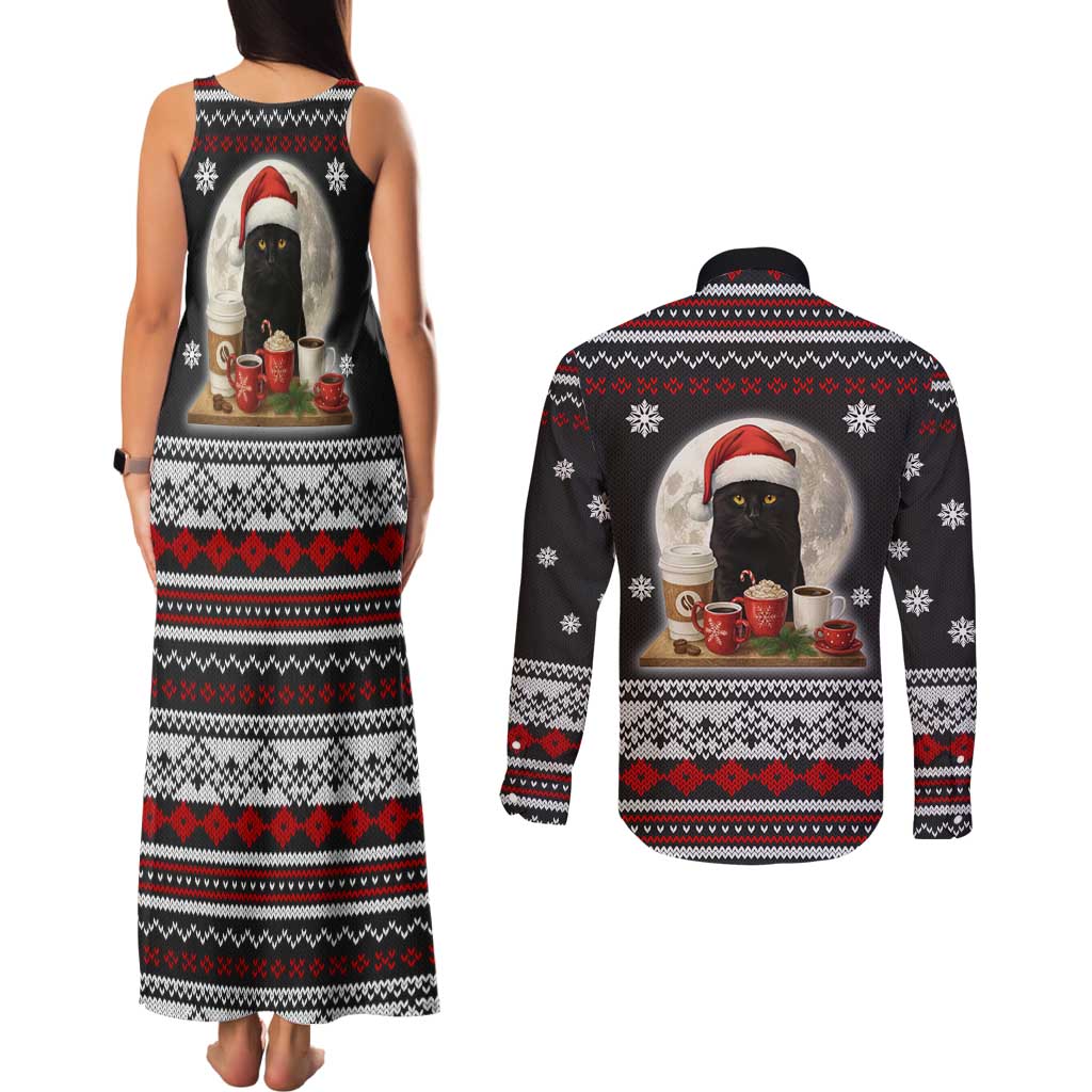Black Cat Run On Coffee Couples Matching Tank Maxi Dress and Long Sleeve Button Shirt Xmas Holiday Patterns - Wonder Print Shop