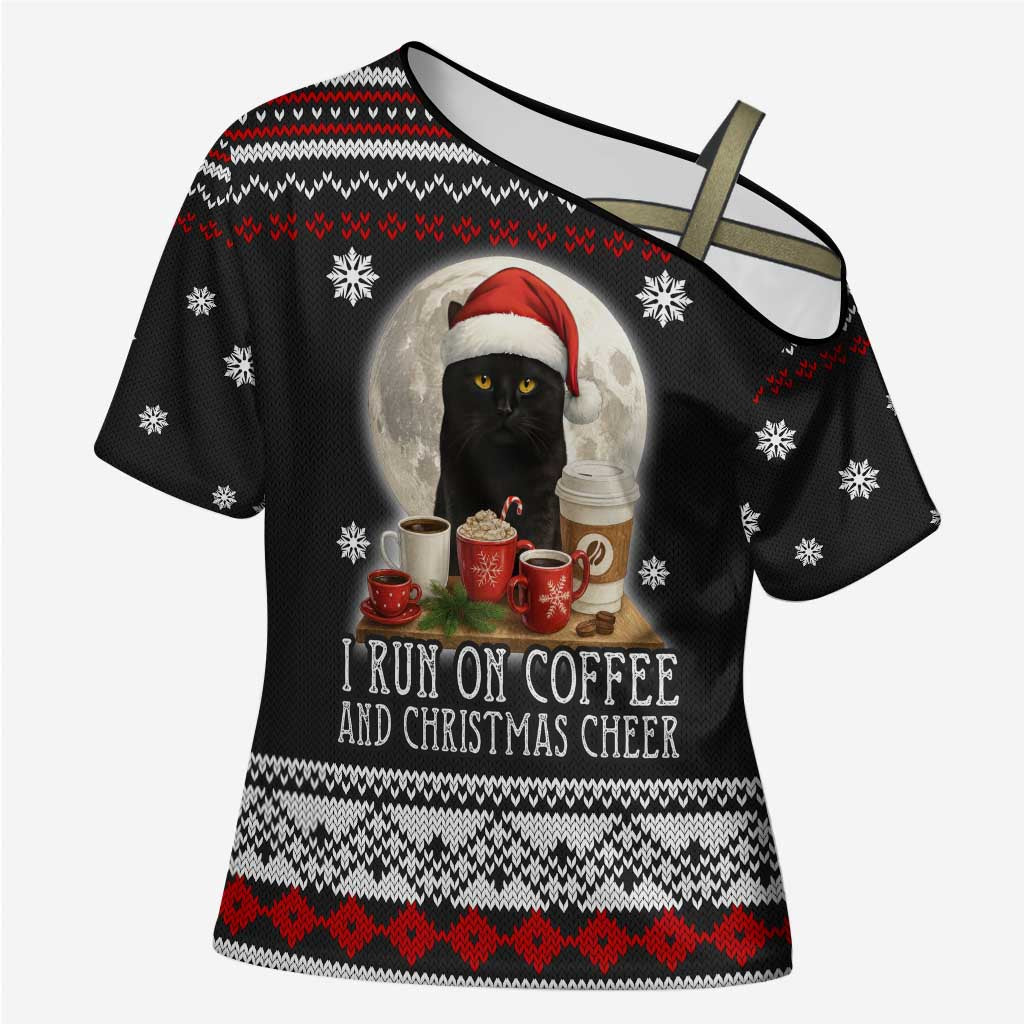 Black Cat Run On Coffee Cross Shoulder Shirt Xmas Holiday Patterns - Wonder Print Shop
