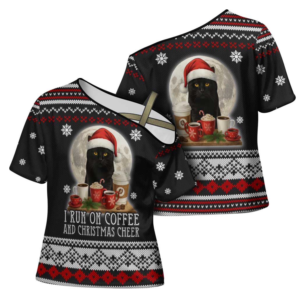 Black Cat Run On Coffee Cross Shoulder Shirt Xmas Holiday Patterns - Wonder Print Shop