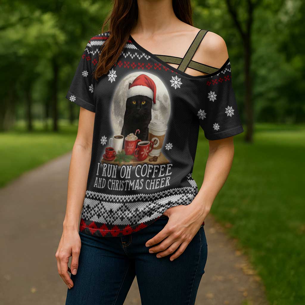 Black Cat Run On Coffee Cross Shoulder Shirt Xmas Holiday Patterns - Wonder Print Shop
