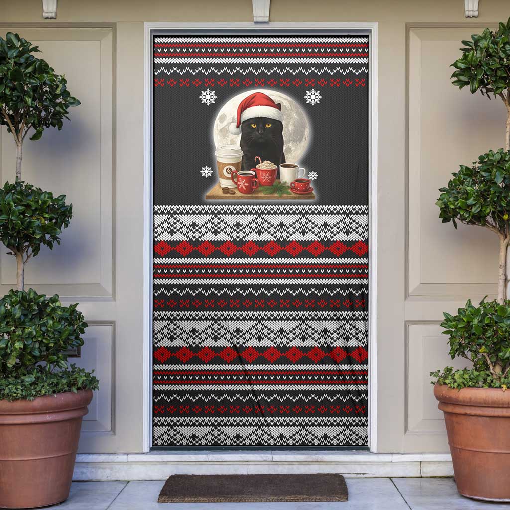 Black Cat Run On Coffee Door Cover Xmas Holiday Patterns - Wonder Print Shop
