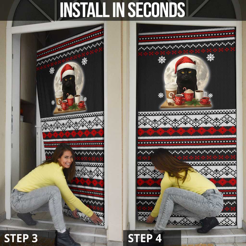 Black Cat Run On Coffee Door Cover Xmas Holiday Patterns - Wonder Print Shop