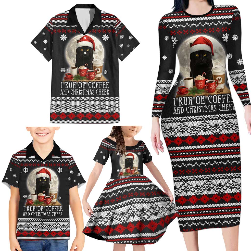 Black Cat Run On Coffee Family Matching Long Sleeve Bodycon Dress and Hawaiian Shirt Xmas Holiday Patterns - Wonder Print Shop