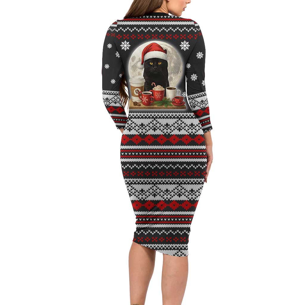 Black Cat Run On Coffee Family Matching Long Sleeve Bodycon Dress and Hawaiian Shirt Xmas Holiday Patterns - Wonder Print Shop