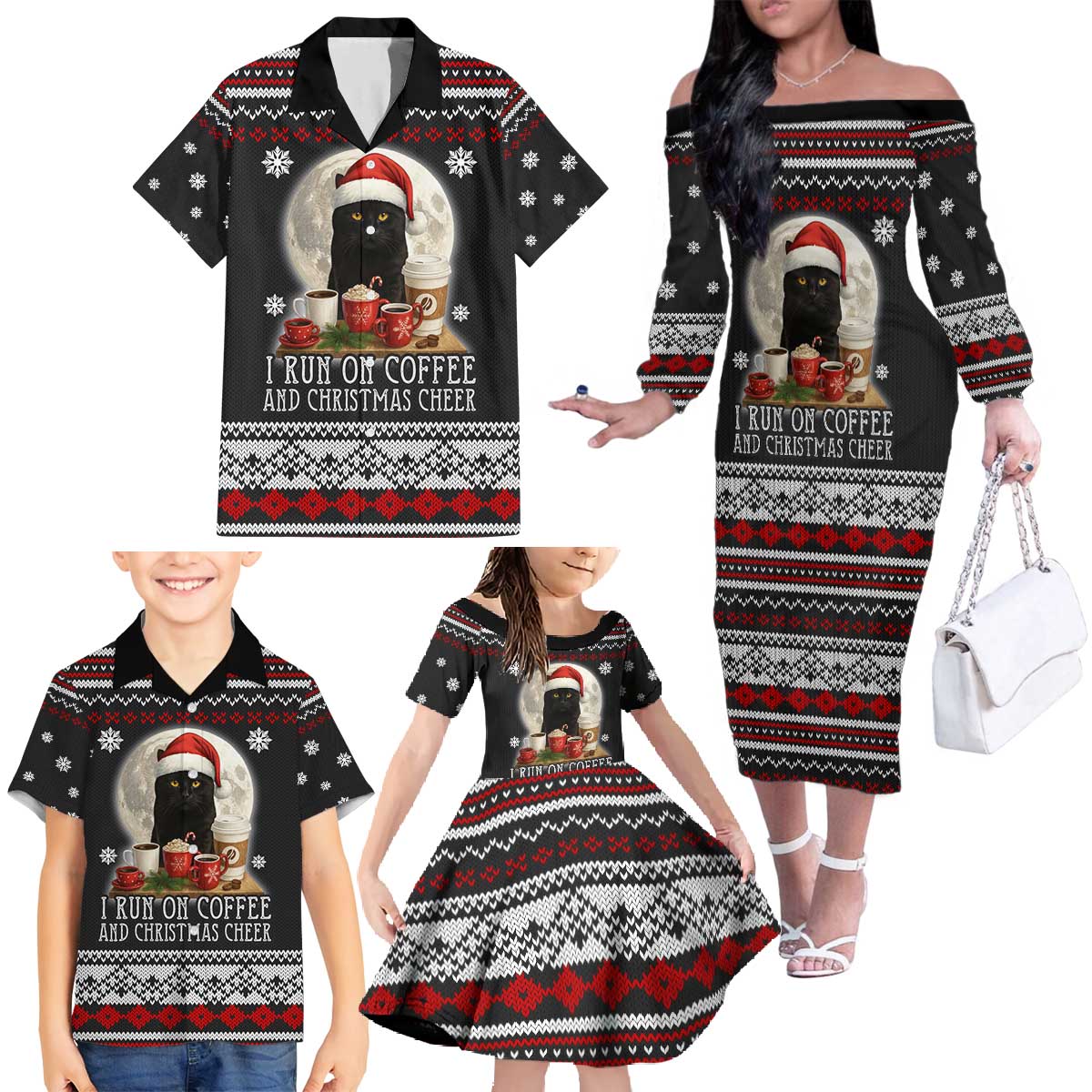 Black Cat Run On Coffee Family Matching Off The Shoulder Long Sleeve Dress and Hawaiian Shirt Xmas Holiday Patterns - Wonder Print Shop