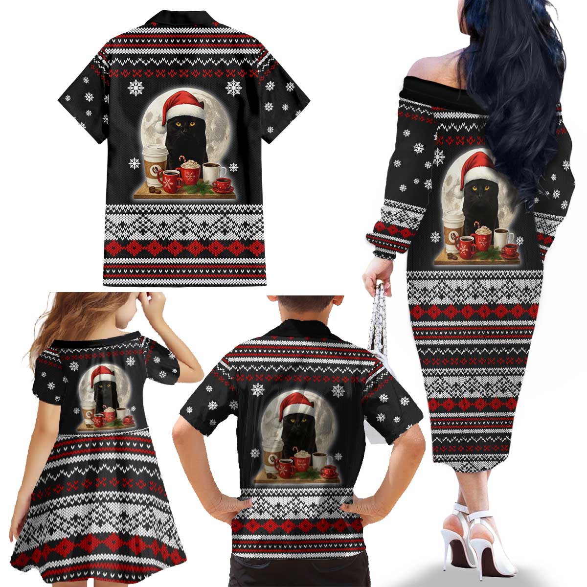 Black Cat Run On Coffee Family Matching Off The Shoulder Long Sleeve Dress and Hawaiian Shirt Xmas Holiday Patterns - Wonder Print Shop