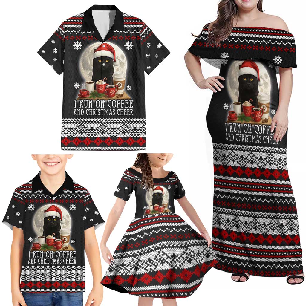 Black Cat Run On Coffee Family Matching Off Shoulder Maxi Dress and Hawaiian Shirt Xmas Holiday Patterns - Wonder Print Shop
