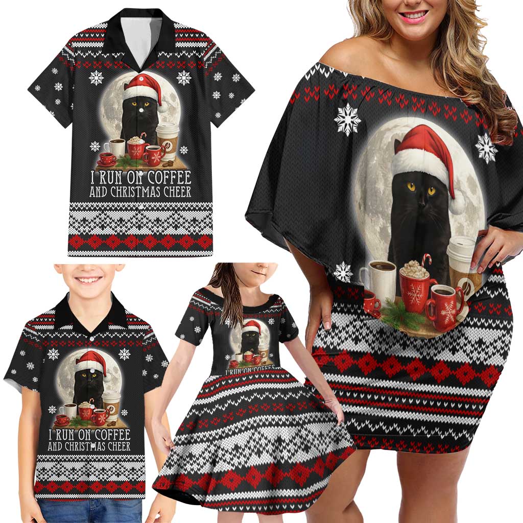 Black Cat Run On Coffee Family Matching Off Shoulder Short Dress and Hawaiian Shirt Xmas Holiday Patterns - Wonder Print Shop