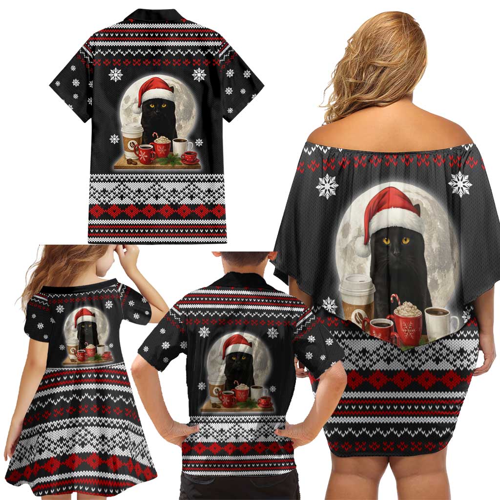 Black Cat Run On Coffee Family Matching Off Shoulder Short Dress and Hawaiian Shirt Xmas Holiday Patterns - Wonder Print Shop