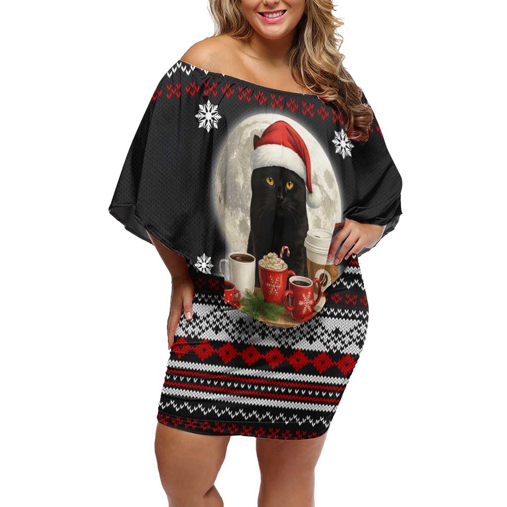 Black Cat Run On Coffee Family Matching Off Shoulder Short Dress and Hawaiian Shirt Xmas Holiday Patterns - Wonder Print Shop