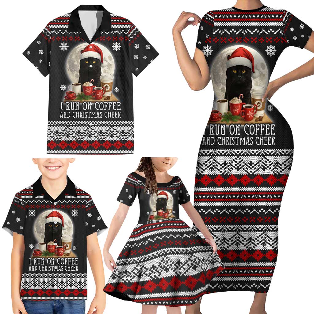 Black Cat Run On Coffee Family Matching Short Sleeve Bodycon Dress and Hawaiian Shirt Xmas Holiday Patterns - Wonder Print Shop