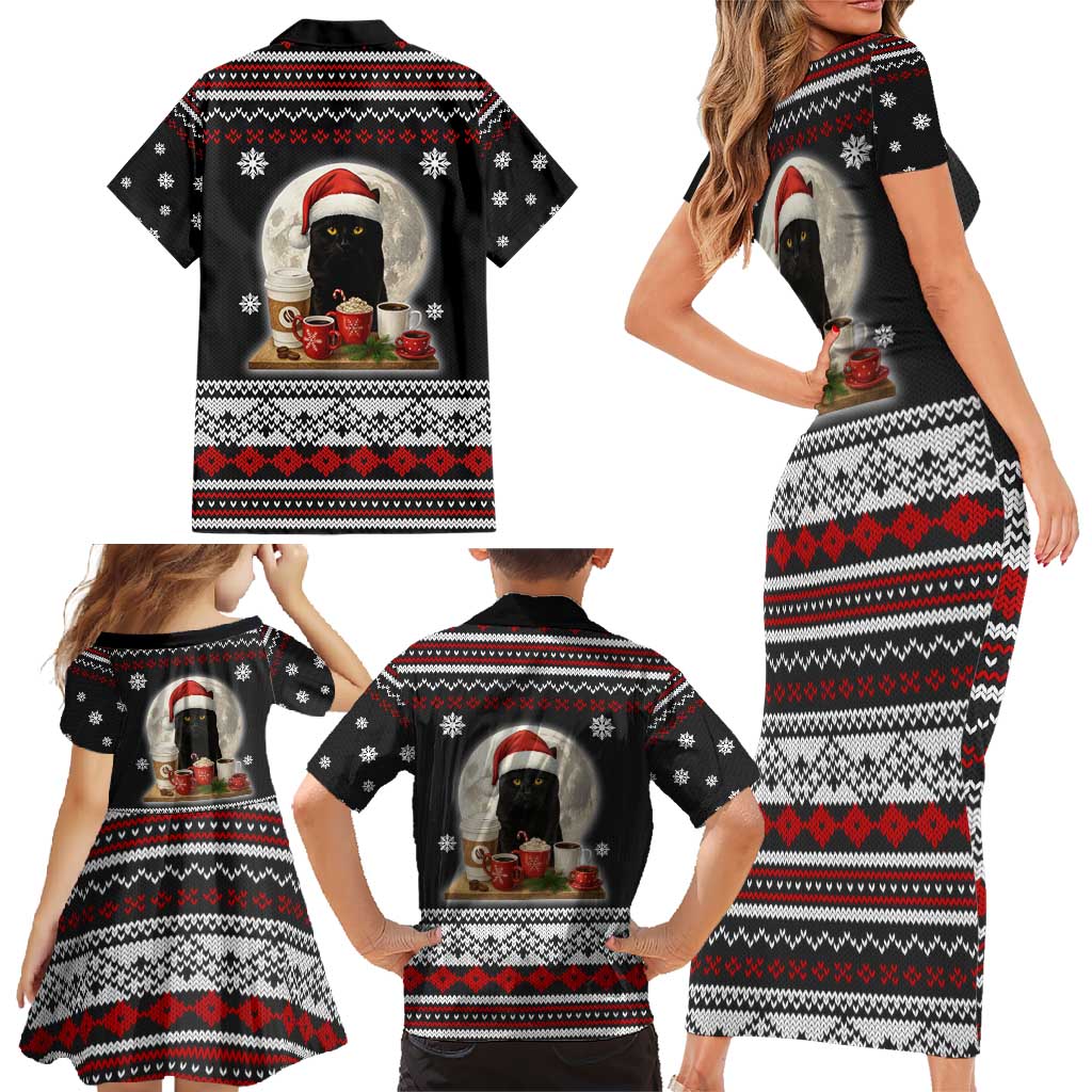 Black Cat Run On Coffee Family Matching Short Sleeve Bodycon Dress and Hawaiian Shirt Xmas Holiday Patterns - Wonder Print Shop