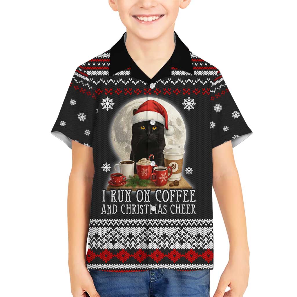 Black Cat Run On Coffee Family Matching Short Sleeve Bodycon Dress and Hawaiian Shirt Xmas Holiday Patterns - Wonder Print Shop