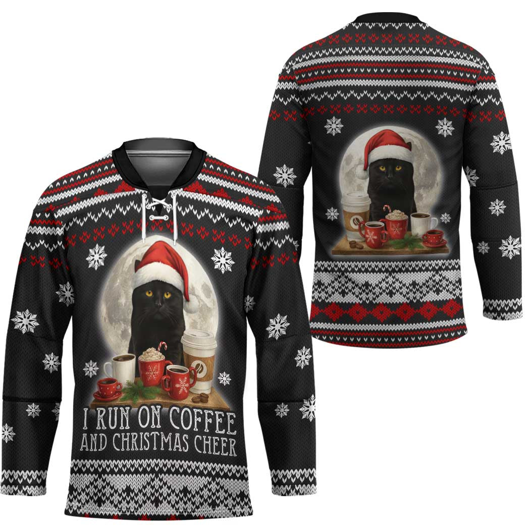 Black Cat Run On Coffee Hockey Jersey Xmas Holiday Patterns - Wonder Print Shop