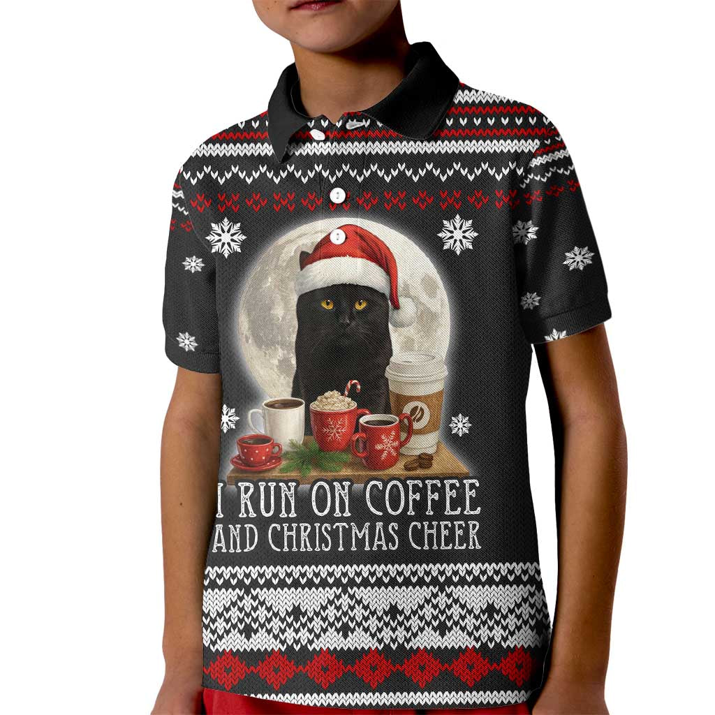 Black Cat Run On Coffee Kid Polo Shirt Xmas Holiday Patterns - Wonder Print Shop