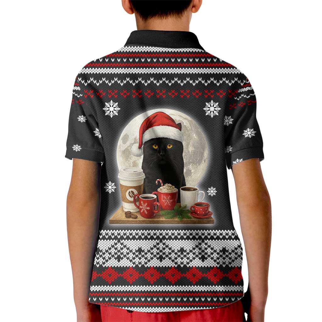 Black Cat Run On Coffee Kid Polo Shirt Xmas Holiday Patterns - Wonder Print Shop