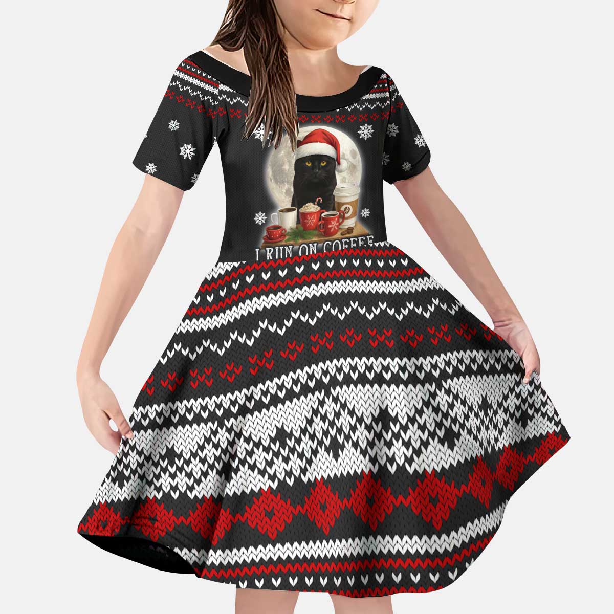 Black Cat Run On Coffee Kid Short Sleeve Dress Xmas Holiday Patterns - Wonder Print Shop