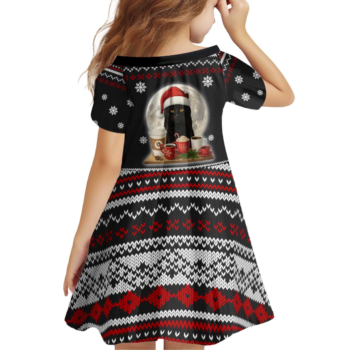 Black Cat Run On Coffee Kid Short Sleeve Dress Xmas Holiday Patterns - Wonder Print Shop
