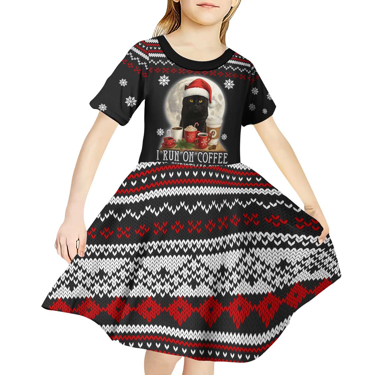 Black Cat Run On Coffee Kid Short Sleeve Dress Xmas Holiday Patterns - Wonder Print Shop