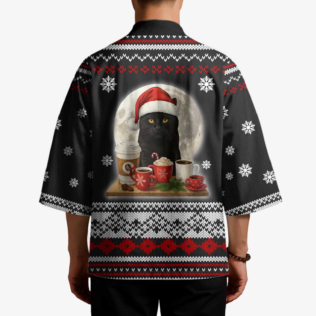 Black Cat Run On Coffee Kimono Xmas Holiday Patterns - Wonder Print Shop