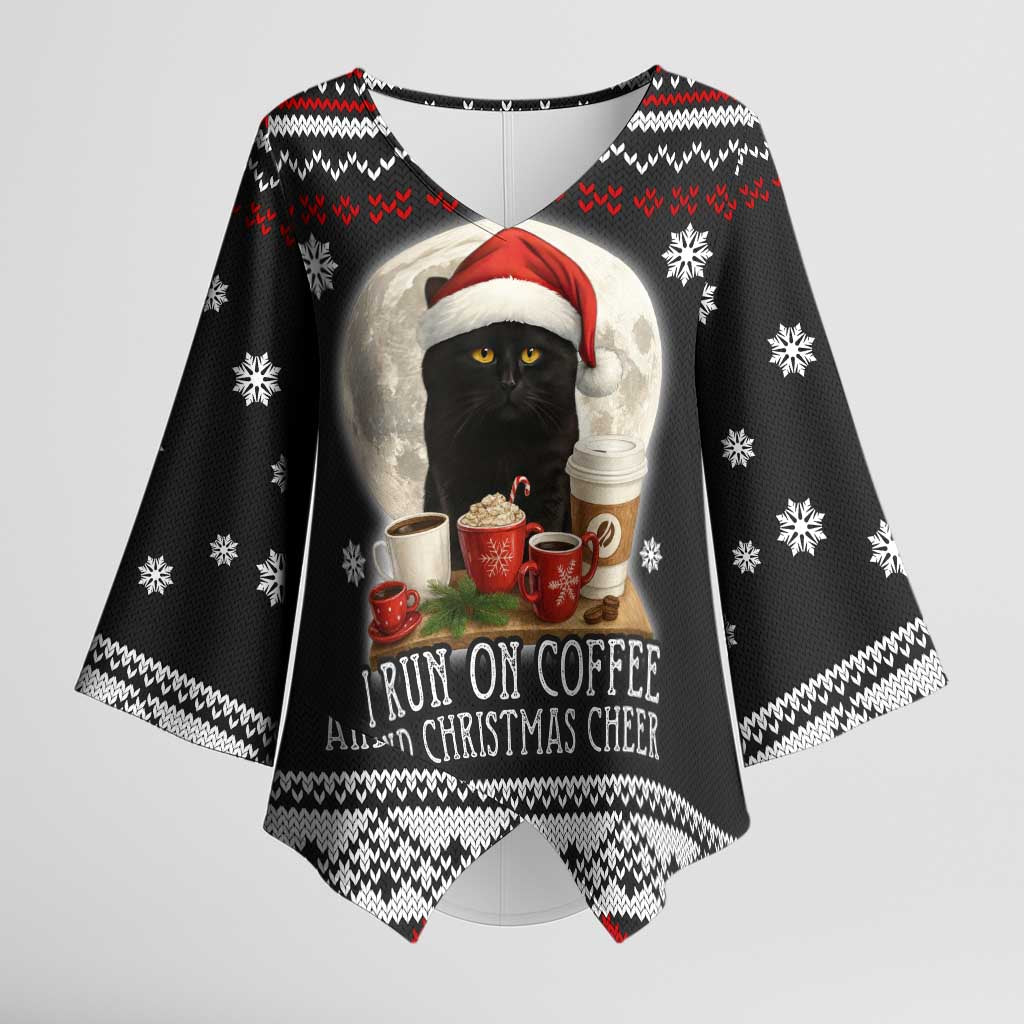 Black Cat Run On Coffee Kimono Sleeve Blouse Xmas Holiday Patterns - Wonder Print Shop