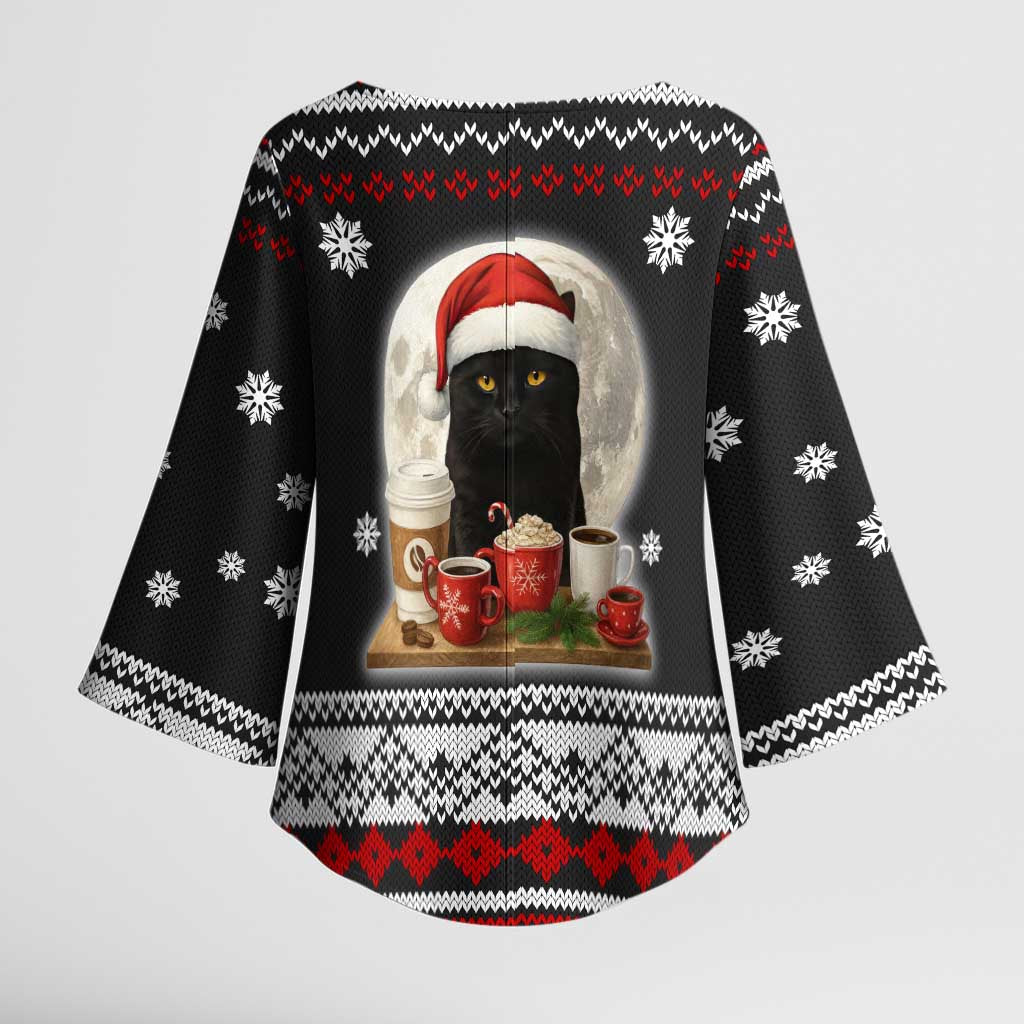 Black Cat Run On Coffee Kimono Sleeve Blouse Xmas Holiday Patterns - Wonder Print Shop