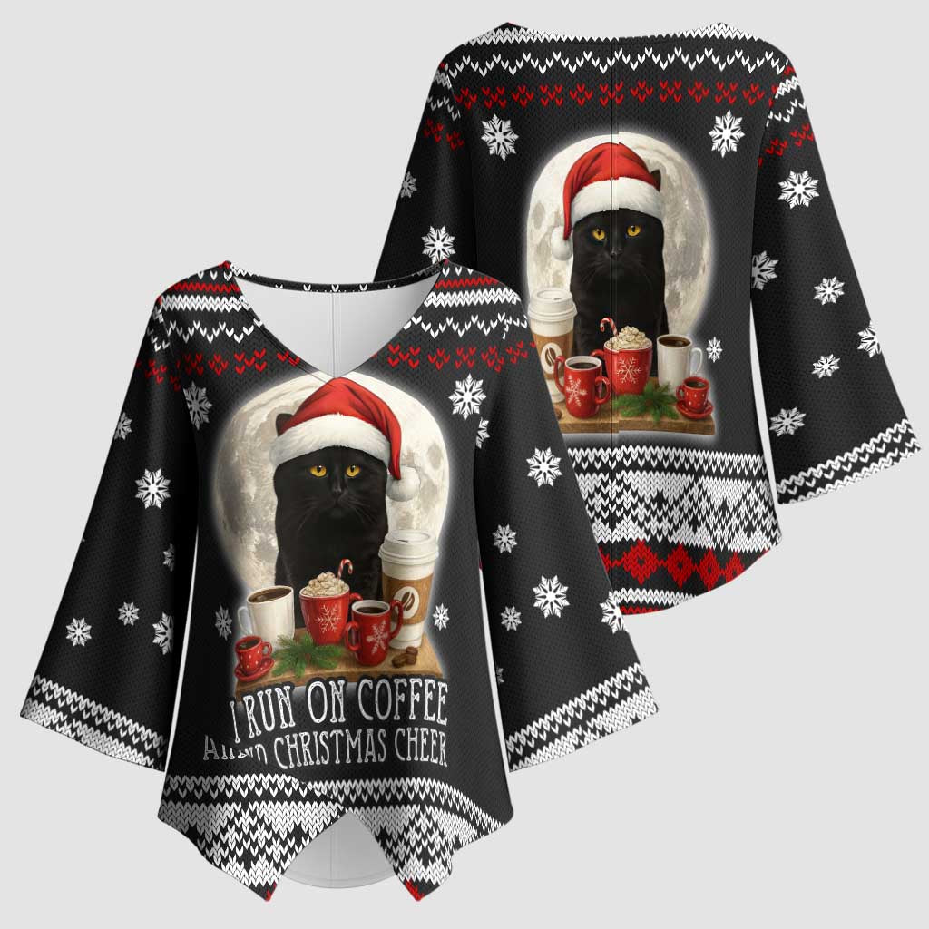 Black Cat Run On Coffee Kimono Sleeve Blouse Xmas Holiday Patterns - Wonder Print Shop