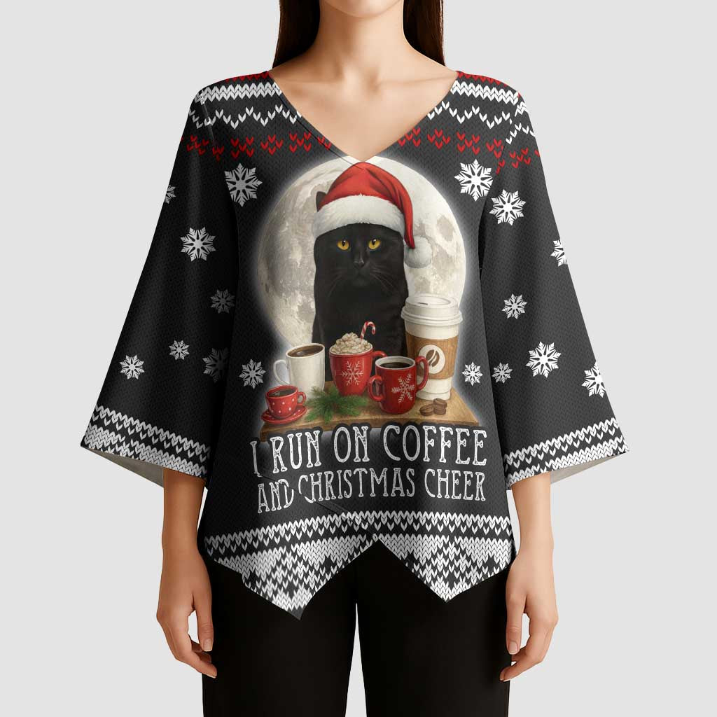 Black Cat Run On Coffee Kimono Sleeve Blouse Xmas Holiday Patterns - Wonder Print Shop