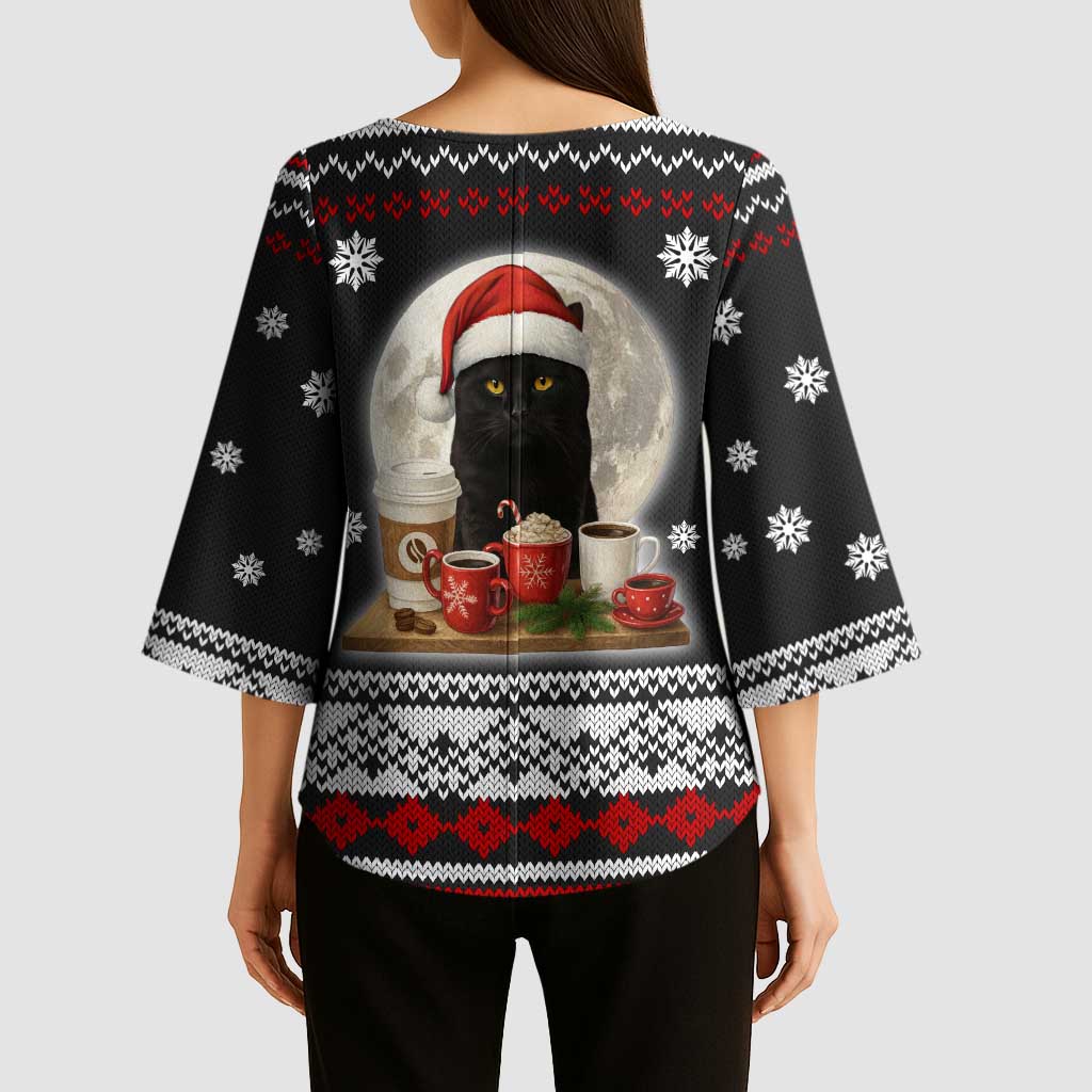 Black Cat Run On Coffee Kimono Sleeve Blouse Xmas Holiday Patterns - Wonder Print Shop