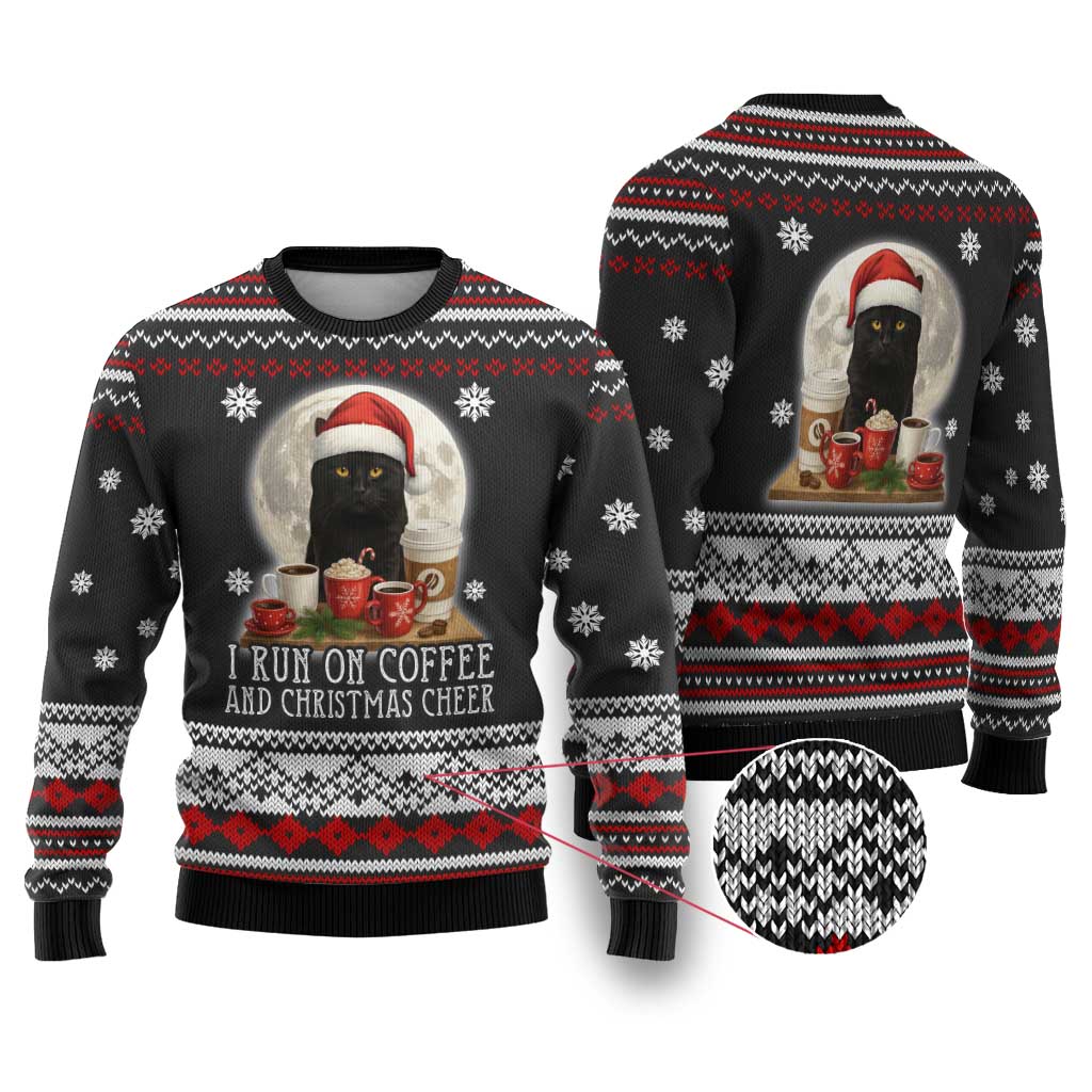 Black Cat Run On Coffee Ugly Christmas Sweater Xmas Holiday Patterns - Wonder Print Shop