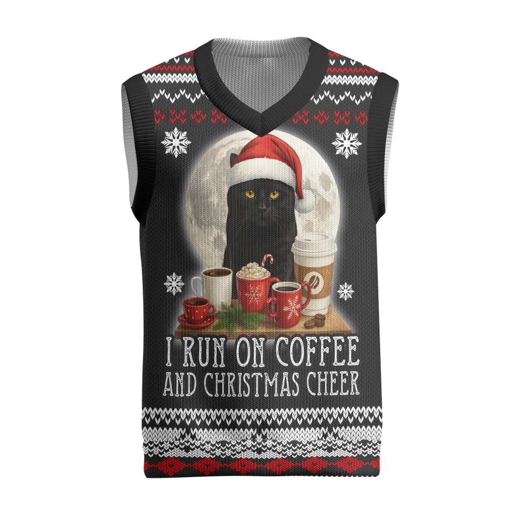 Black Cat Run On Coffee Christmas Knitted V-Neck Vest Xmas Holiday Patterns - Wonder Print Shop