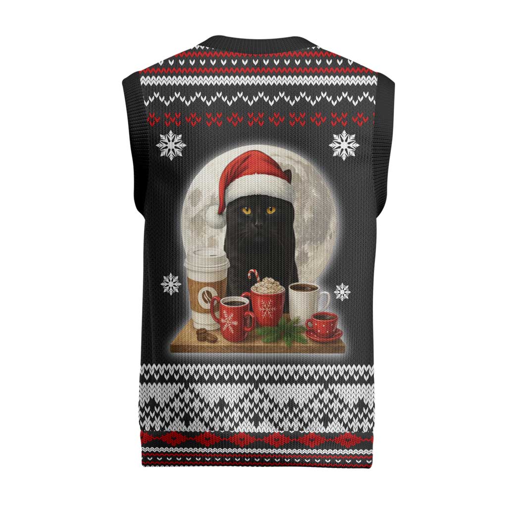 Black Cat Run On Coffee Christmas Knitted V-Neck Vest Xmas Holiday Patterns - Wonder Print Shop