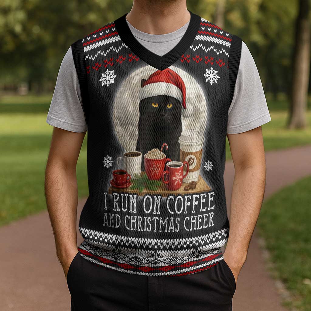 Black Cat Run On Coffee Christmas Knitted V-Neck Vest Xmas Holiday Patterns - Wonder Print Shop