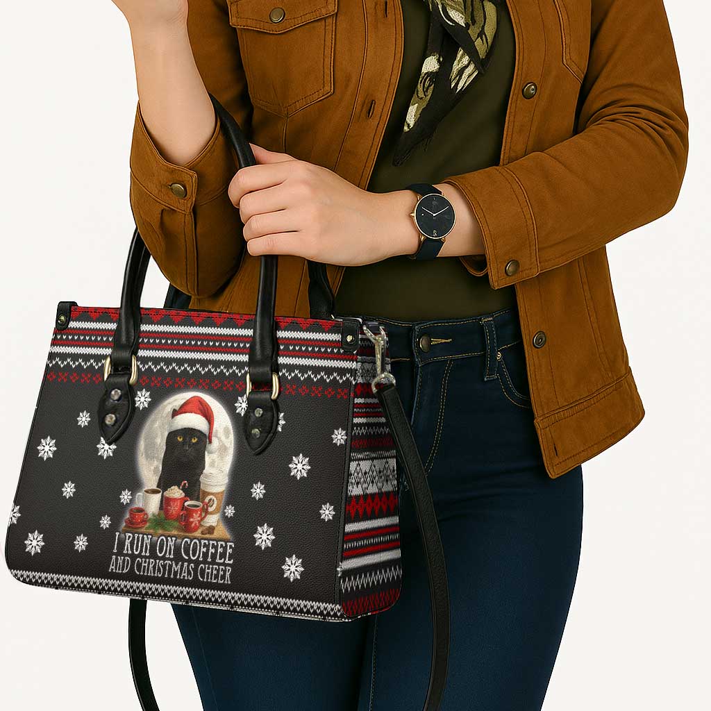 Black Cat Run On Coffee Leather Bag Xmas Holiday Patterns - Wonder Print Shop