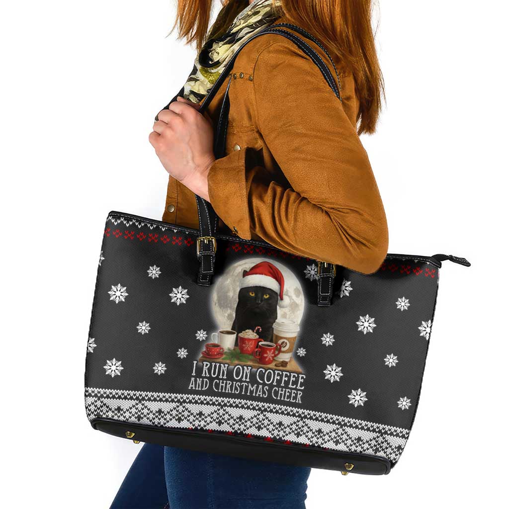 Black Cat Run On Coffee Leather Tote Bag Xmas Holiday Patterns - Wonder Print Shop