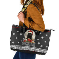 Black Cat Run On Coffee Leather Tote Bag Xmas Holiday Patterns - Wonder Print Shop