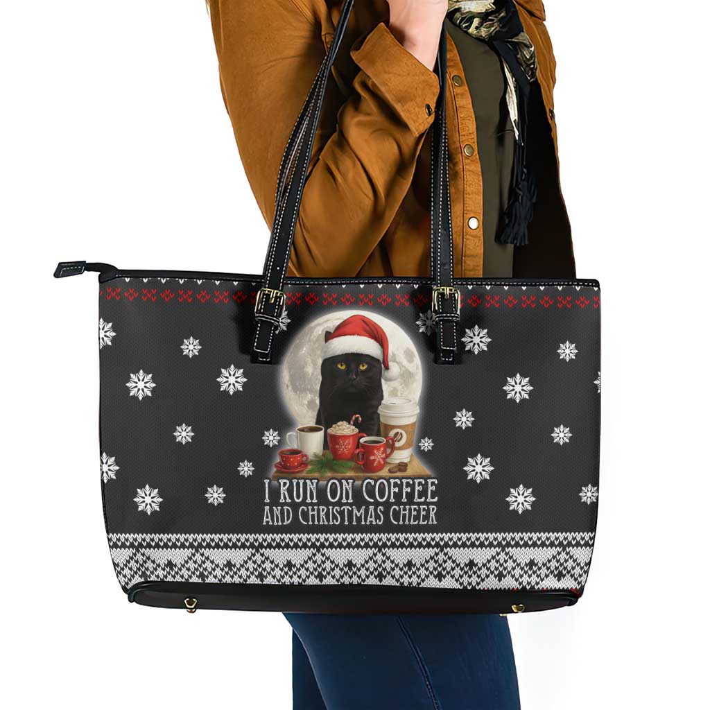 Black Cat Run On Coffee Leather Tote Bag Xmas Holiday Patterns - Wonder Print Shop